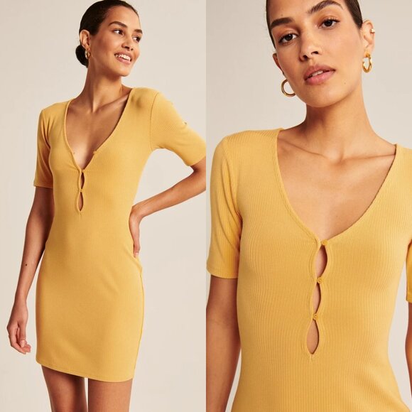 Abercrombie | NWT Triple Keyhole Knit Mini Dress in Yellow Size Large - Picture 2 of 8